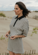 Tissu crochet de coton Ecru rayé Noir - par 10 cm