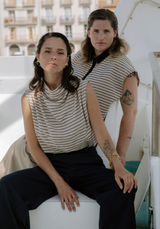 Tissu voile poly viscose à rayures Horizon – Marine / Beige & Encre