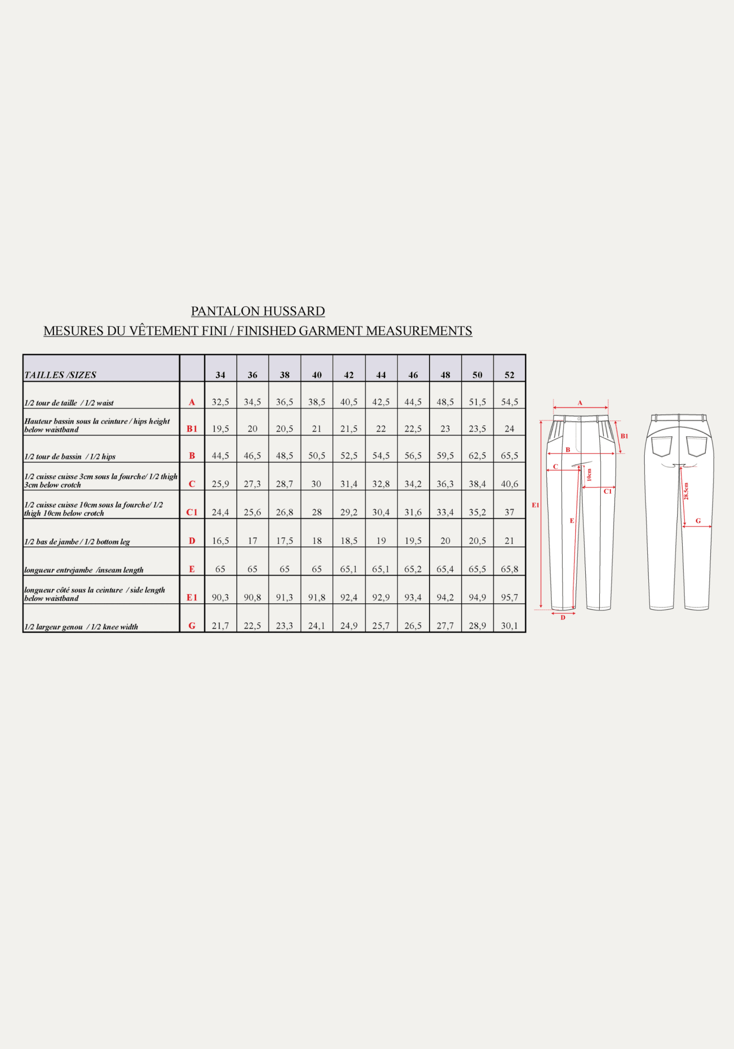 Patron couture pantalon, jean Hussard / PDF (A4, A3, A0, US Letter) - Cadres, Calques par Taille, Vidéoprojection - Maison Fauve