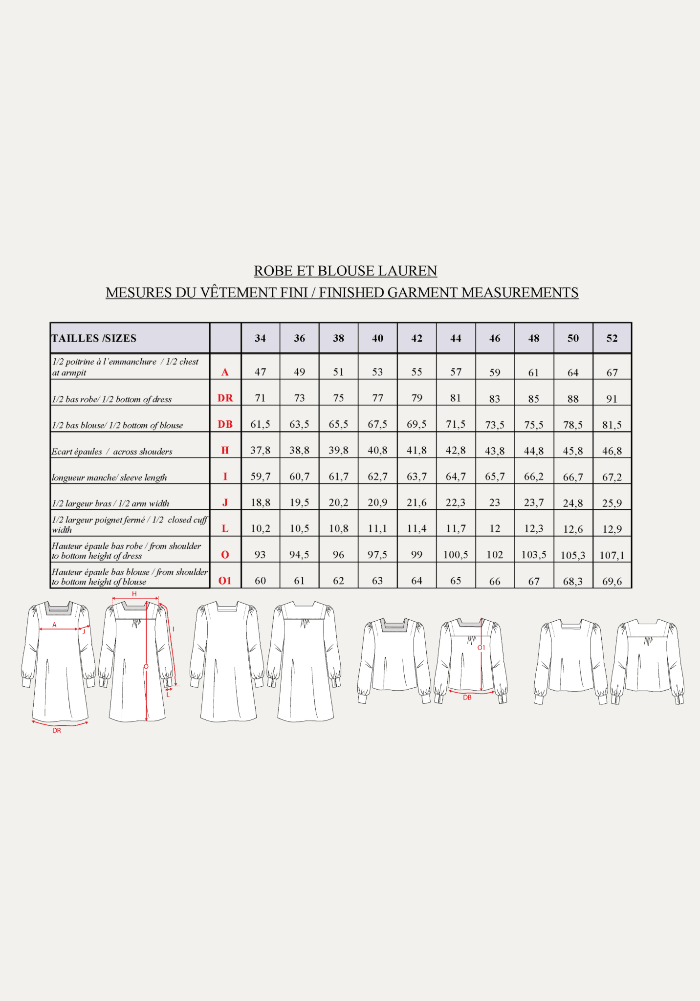Patron couture robe, blouse Lauren / PDF (A4, A3, A0, US Letter) - Cadres, Calques par Taille, Vidéoprojection - Maison Fauve