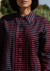 Tissu voile poly viscose à rayures Horizon – Marine / Beige & Encre