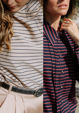 Tissu voile poly viscose à rayures Horizon – Marine / Beige & Encre