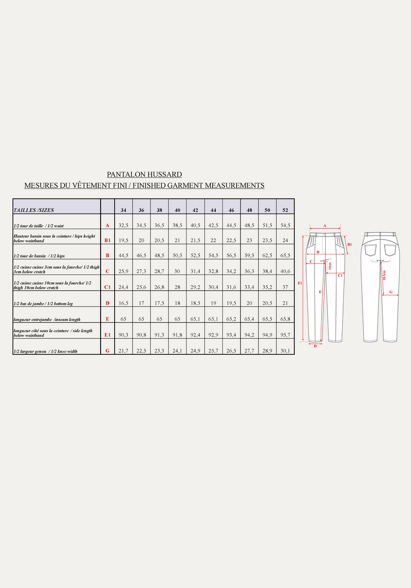 Patron couture pantalon, jean Hussard / PDF (A4, A3, A0, US Letter) - Cadres, Calques par Taille, Vidéoprojection