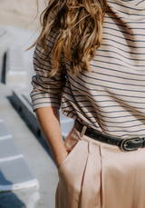 Tissu voile poly viscose à rayures Horizon – Marine / Beige & Encre