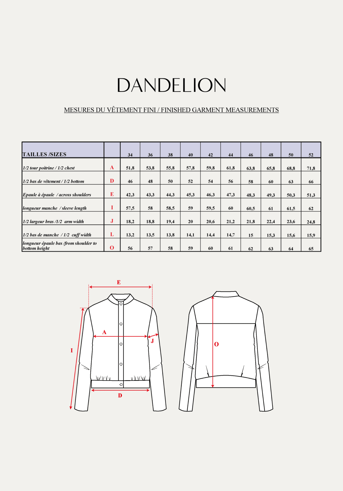 Patron couture blouson Dandelion / PDF (A4, A3, A0, US Letter) - Cadres, Calques par Taille, Vidéoprojection - Maison Fauve