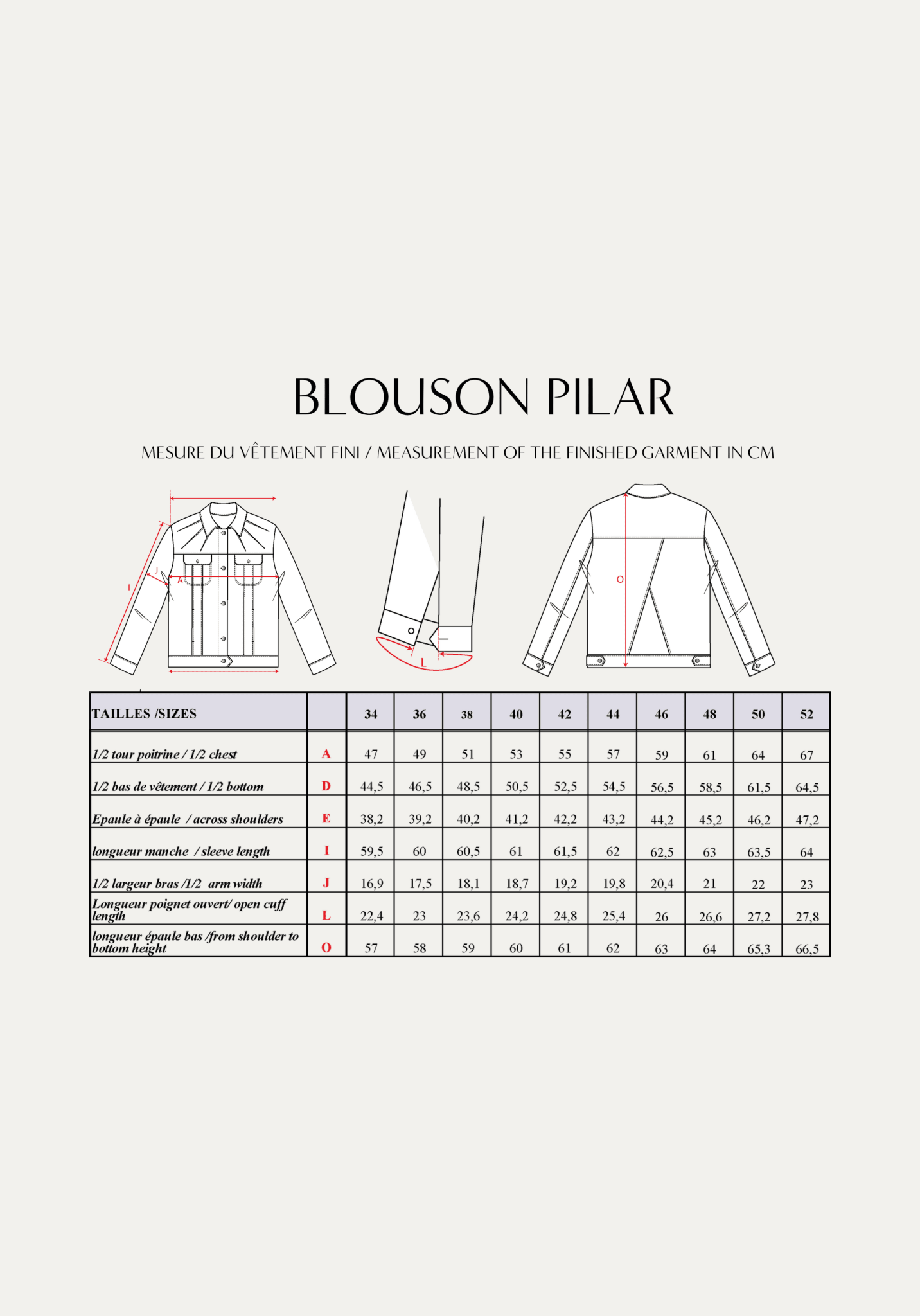 Patron couture blouson Pilar / PDF (A4, A3, A0, US Letter) - Cadres, Calques par Taille, Vidéoprojection - Maison Fauve