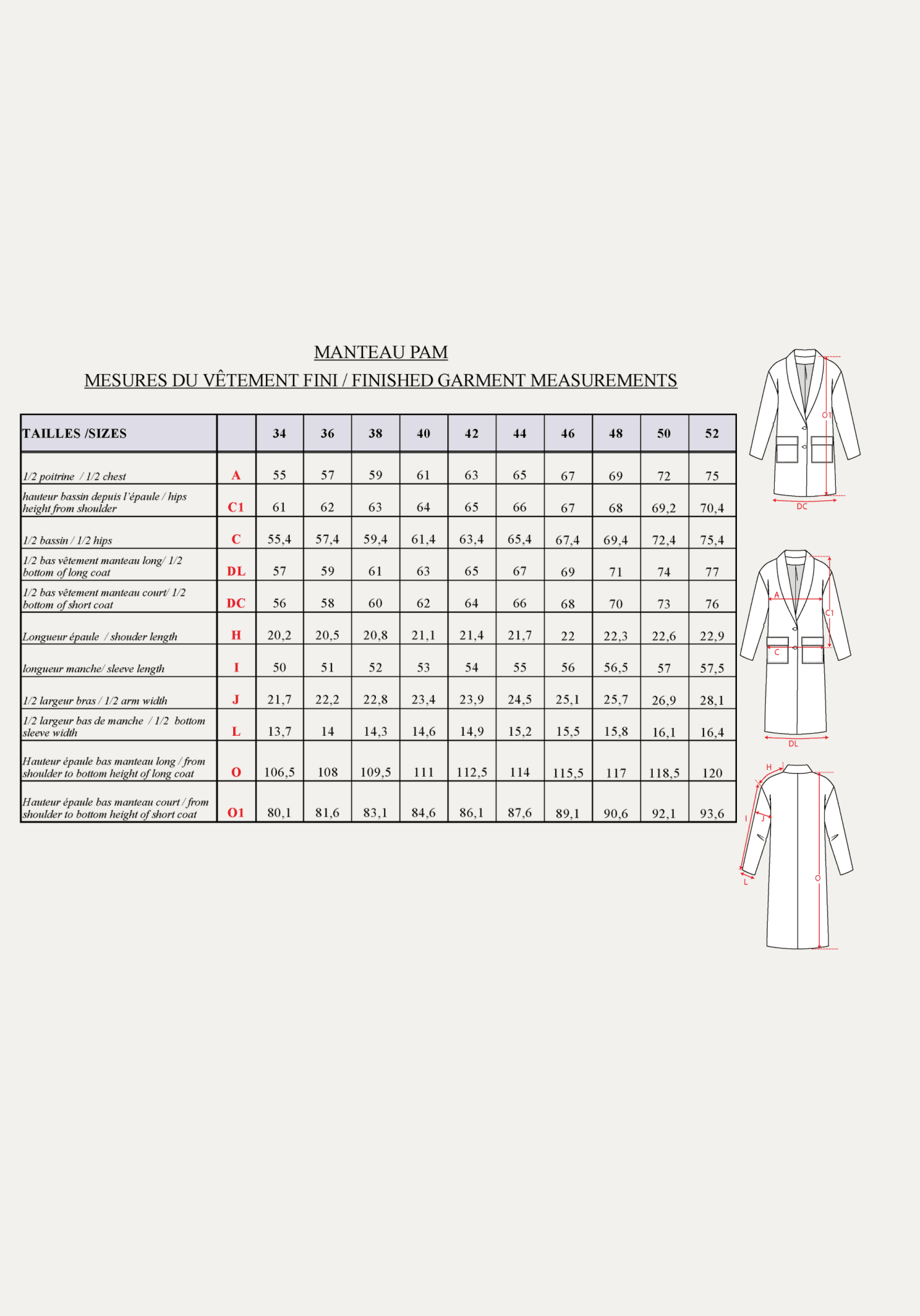 Patron couture manteau Pam / PDF (A4, A3, A0, US Letter) - Cadres, Calques par Taille, Vidéoprojection - Maison Fauve