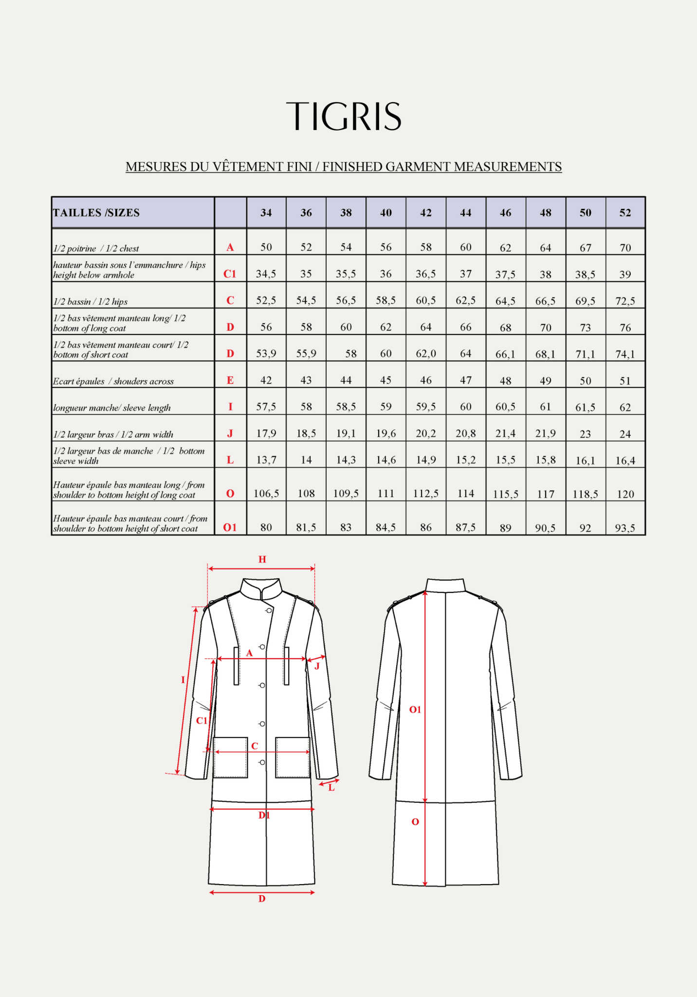 Patron couture manteau Tigris / PDF (A4, A3, A0, US Letter) - Cadres, Calques par Taille, Vidéoprojection - Maison Fauve