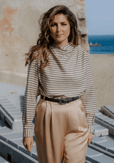 Tissu voile poly viscose à rayures Horizon – Marine / Beige & Encre - Maison Fauve